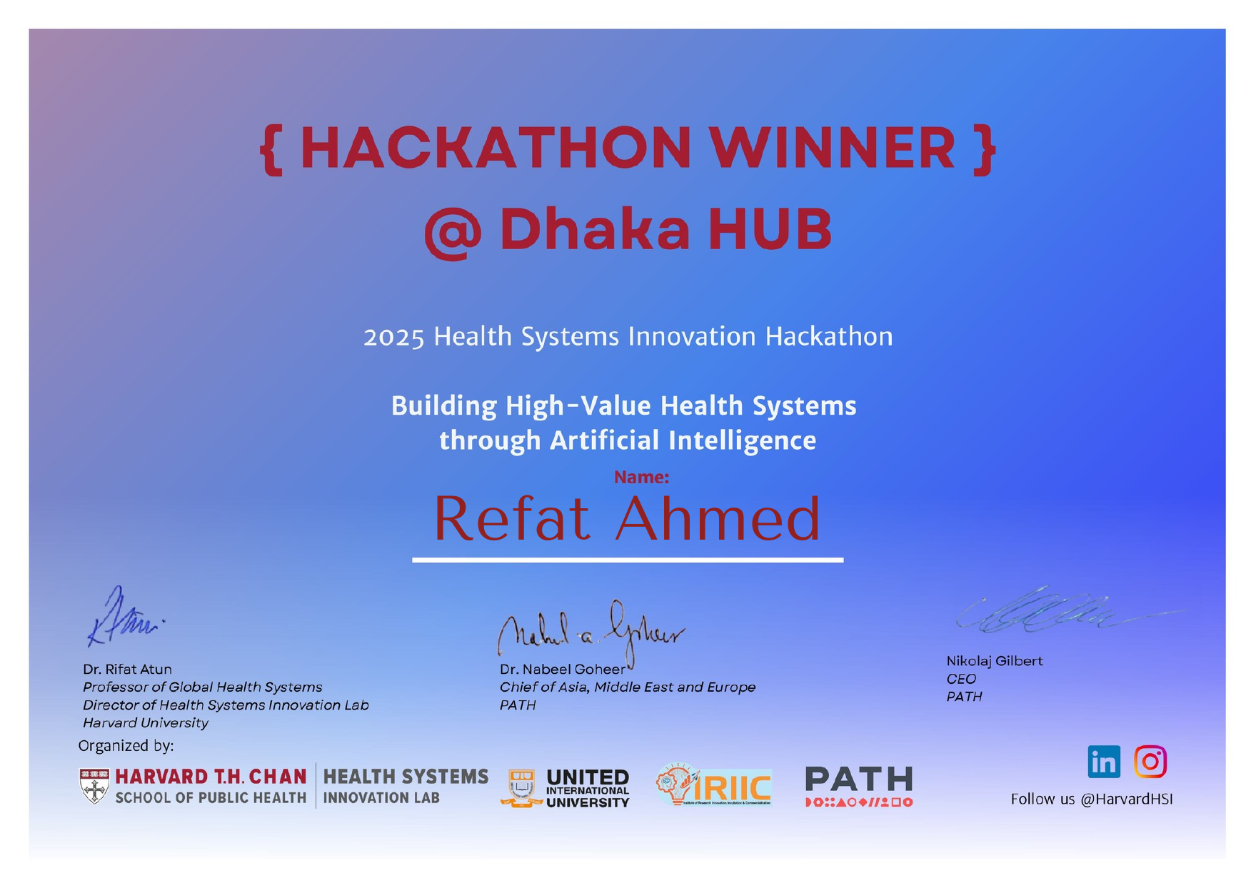 Harvard HSIL Hackathon certificate
